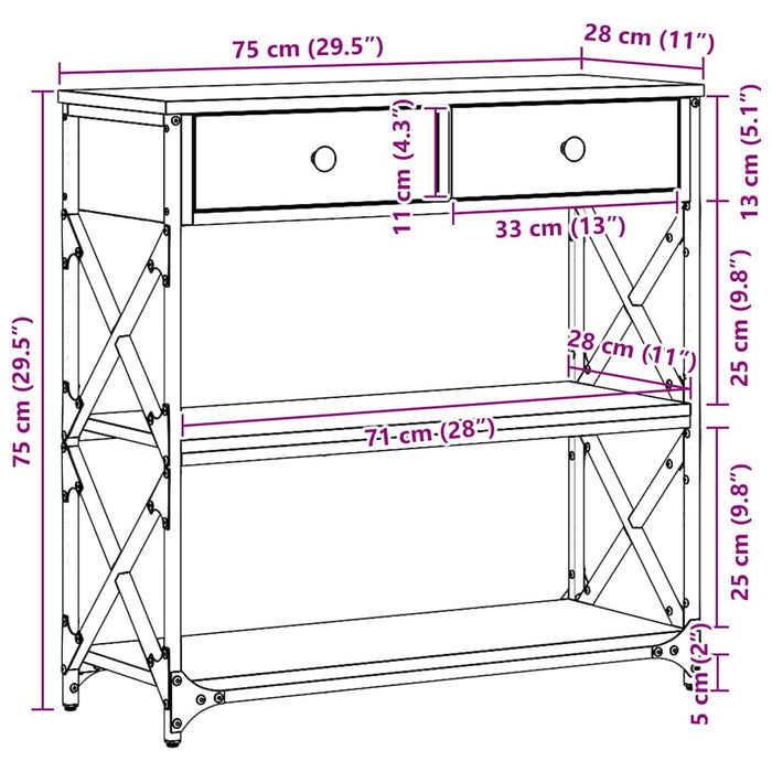 Masă Consolă cu sertar cu raft stejar artizanal 75 x 28 x 75 cm - WALTI WALTI