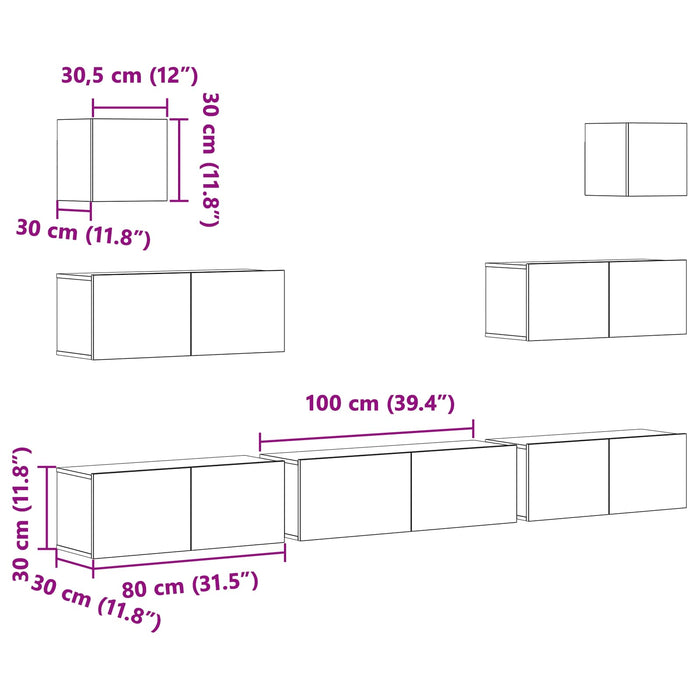 Set comodă TV 7 pcs Stejar Negru 100 x 30 x 30 cm Lemn compozit - WALTI WALTI