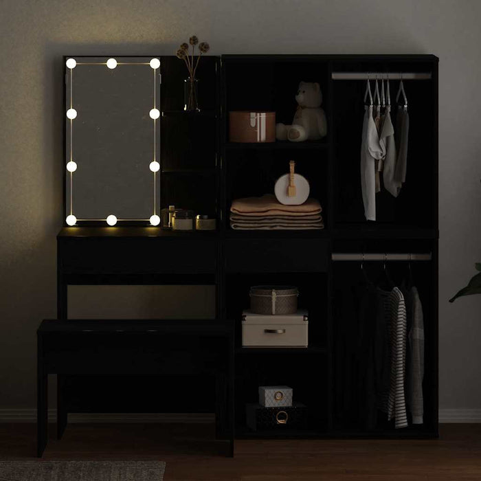 Set masă de toaletă cu LED 4 pcs Stejar Negru Lemn compozit WALTI