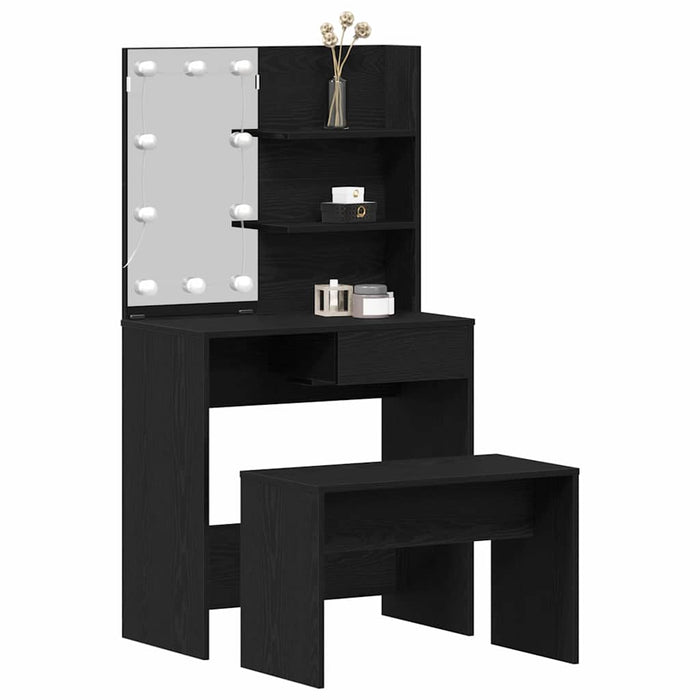Set masă de machiaj cu LED 2 pcs Stejar Negru Lemn compozit - WALTI WALTI