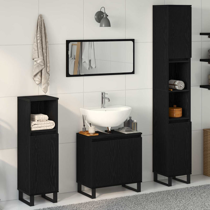 Set de mobilier pentru baie Pe perete cu ușă 3 pcs Stejar Negru WALTI