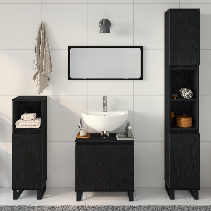 Set de mobilier pentru baie Pe perete cu ușă 3 pcs Stejar Negru WALTI