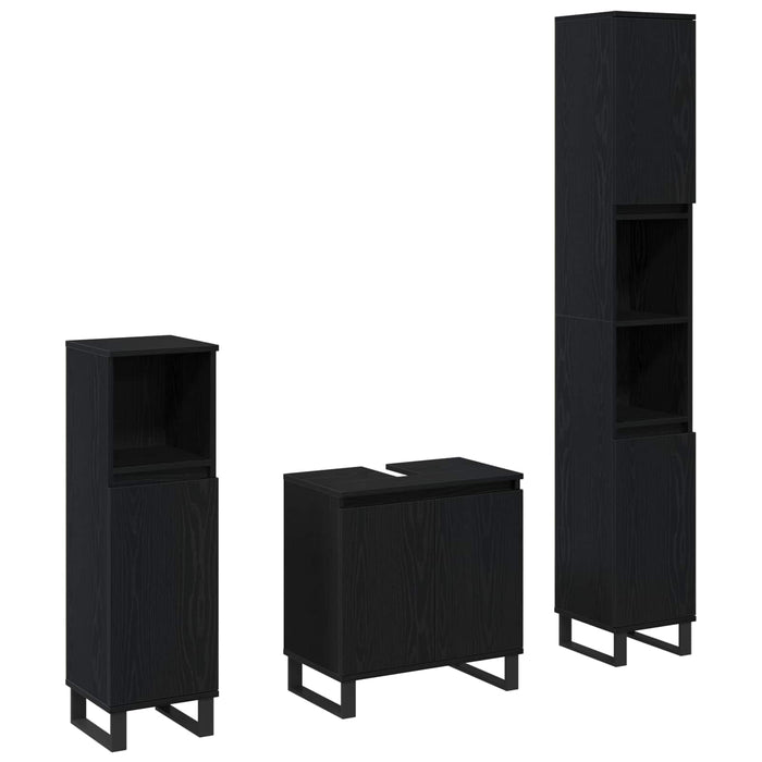 Set de mobilier pentru baie Pe perete cu ușă 3 pcs Stejar Negru WALTI