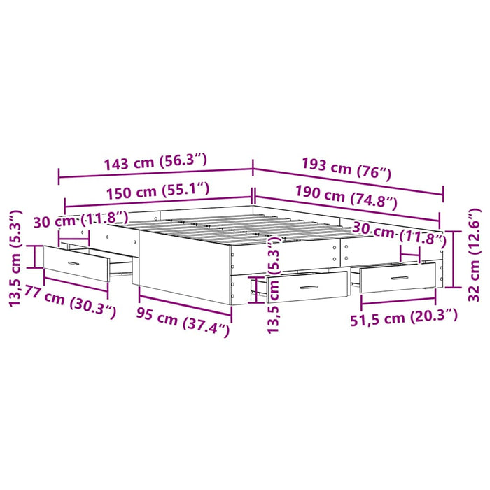 Cadru de pat cu sertare Lemn vechi 140 x 190 cm Lemn compozit - WALTI WALTI