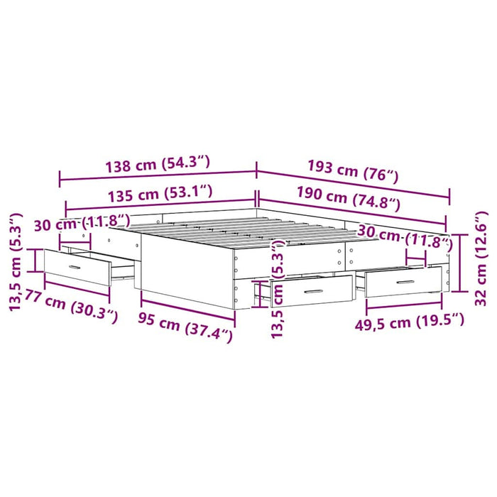 Cadru de pat cu sertare Lemn vechi 135 x 190 cm Lemn compozit - WALTI WALTI