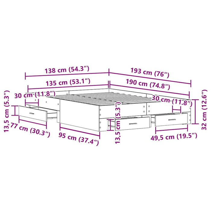 Cadru de pat cu sertare cu sertar stejar artizanal 135 x 190 cm - WALTI WALTI