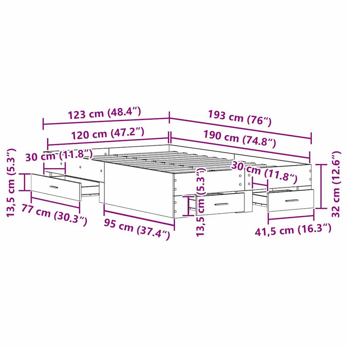 Cadru de pat cu sertare cu sertar stejar artizanal 120 x 190 cm - WALTI WALTI