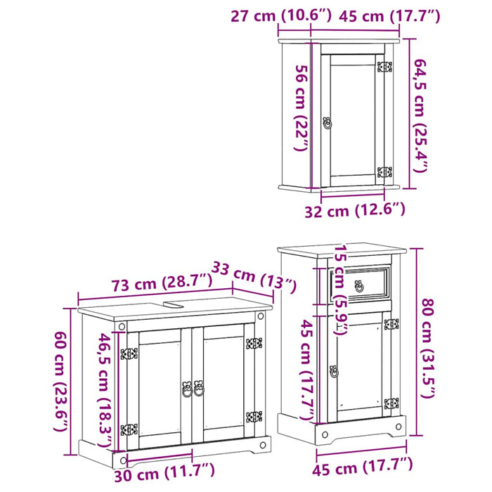 Set mobilier de baie „Corona”, 3 piese, lemn masiv de pin WALTI
