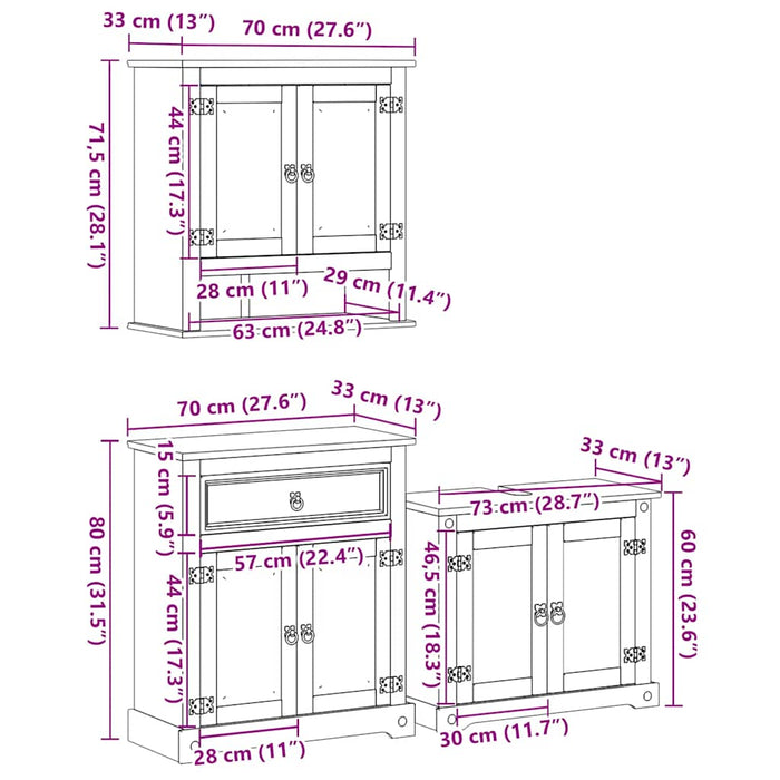 Set mobilier de baie „Corona”, 3 piese, lemn masiv de pin - WALTI WALTI