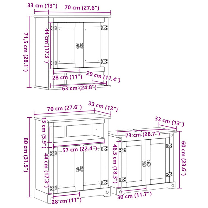 Set mobilier de baie „Corona”, 3 piese, lemn masiv de pin - WALTI WALTI