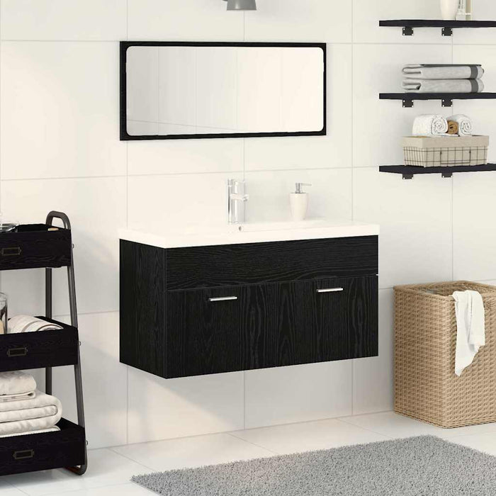 Set de mobilier pentru baie Pe perete cu ușă 3 pcs Stejar Negru - WALTI WALTI