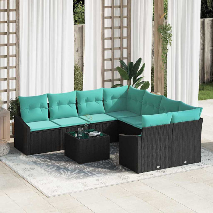 Set de canapea cu pernă 9 pcs Negru și Turcoaz poliratan WALTI