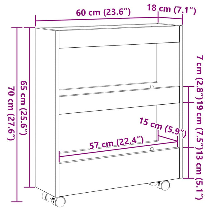 Trolley pentru Depozitare Îngust Stejar Negru 60 x 18 x 70 cm - WALTI WALTI