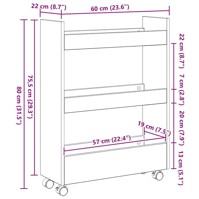 Trolley pentru Depozitare Îngust Stejar Negru 60 x 22 x 80 cm - WALTI WALTI