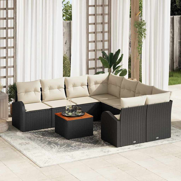 Set Canapea Grădină vitaXL de 9 Piese cu Perne Negru Răchită Polimerică Acacia - WALTI WALTI