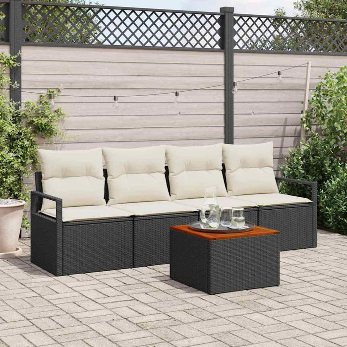 Set de canapea de grădină cu 5 piese și perne, din rattan poly negru și acacia - WALTI WALTI