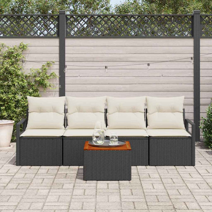 Set de canapea de grădină cu 5 piese și perne, din rattan poly negru și acacia - WALTI WALTI