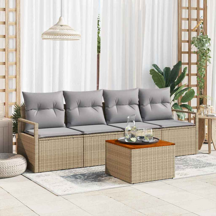 Set de canapea pentru grădină cu 5 piese, cu perne, bej, din poli rattan și acacia - WALTI WALTI