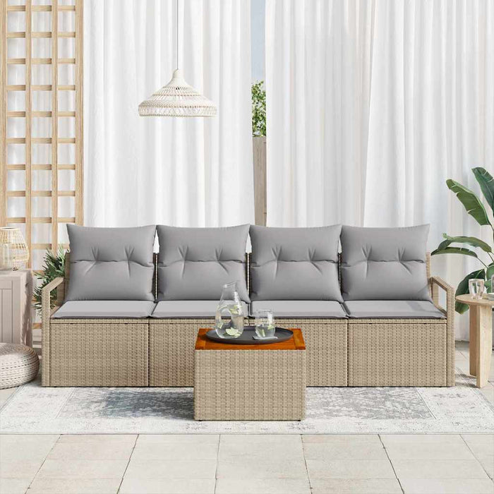 Set de canapea pentru grădină cu 5 piese, cu perne, bej, din poli rattan și acacia - WALTI WALTI