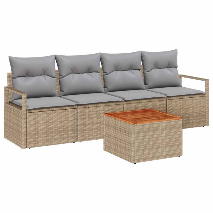 Set de canapea pentru grădină cu 5 piese, cu perne, bej, din poli rattan și acacia - WALTI WALTI