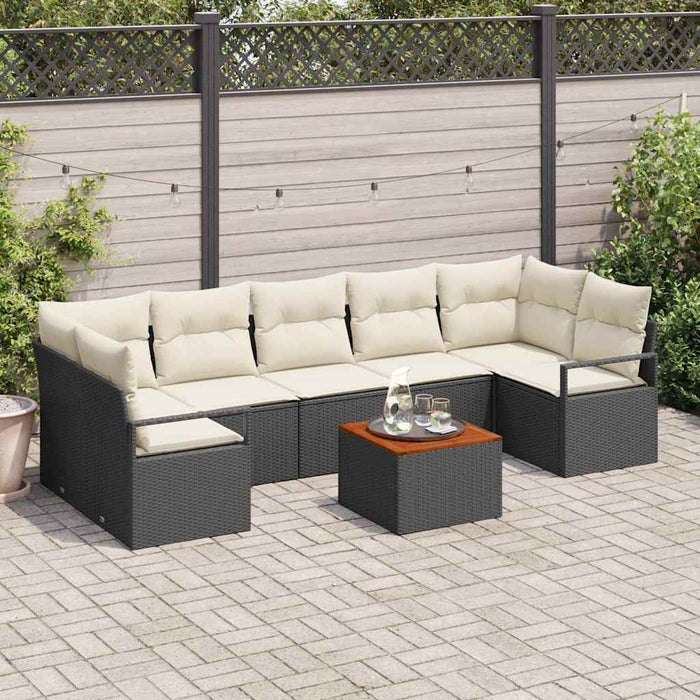 Set de canapea de grădină, 8 piese, cu perne negre din rattan poliester și acacia - WALTI WALTI