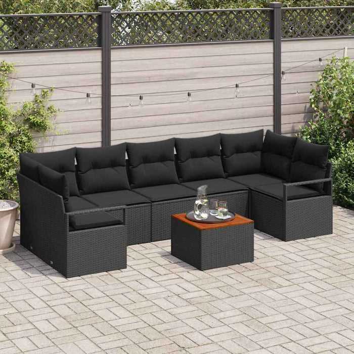 Set de canapea de grădină 8 piese cu perne, negru, din rattan poliesteric și acacia - WALTI WALTI