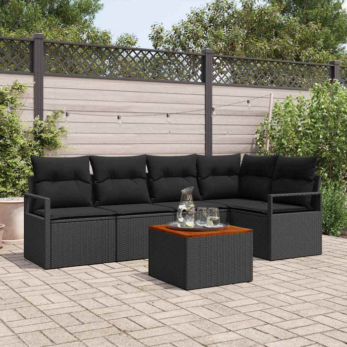 Set canapea grădină cu 6 piese, perne incluse, negru, poli rattan, acacia - WALTI WALTI
