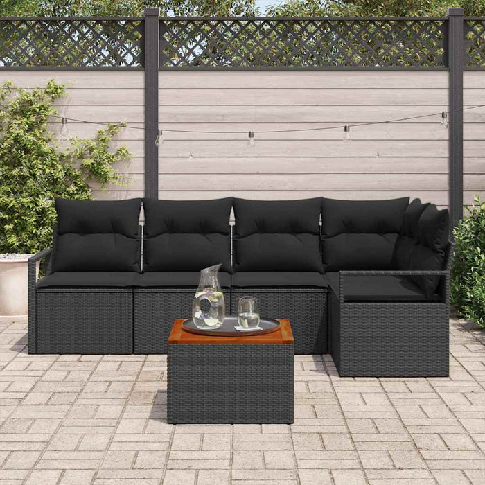 Set canapea grădină cu 6 piese, perne incluse, negru, poli rattan, acacia - WALTI WALTI