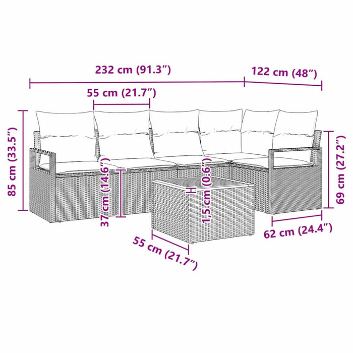 Set canapea grădină cu 6 piese, perne incluse, negru, poli rattan, acacia - WALTI WALTI