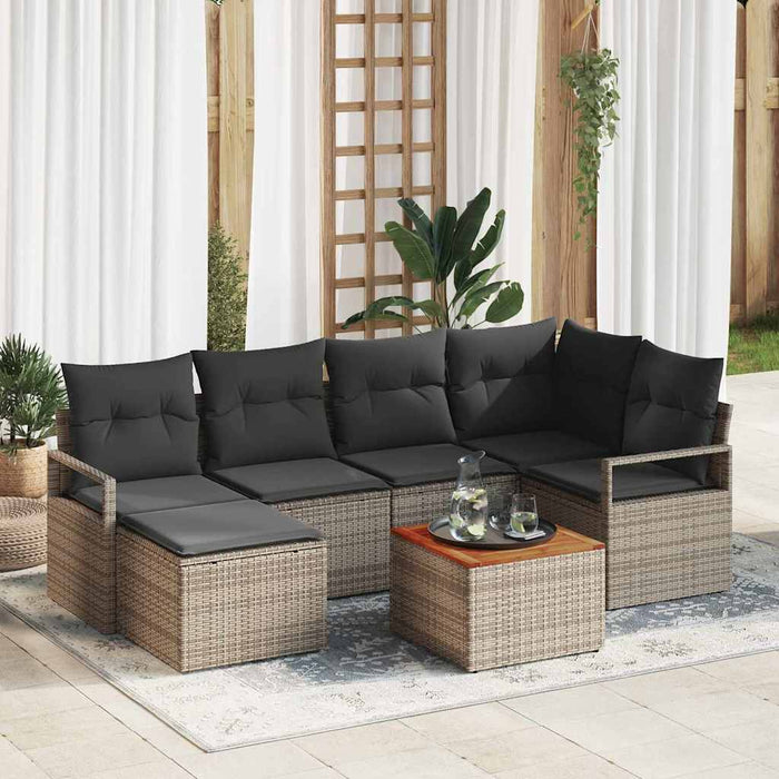 Set de canapele de grădină cu 7 piese și perne, gri, din rattan poly și acacia - WALTI WALTI