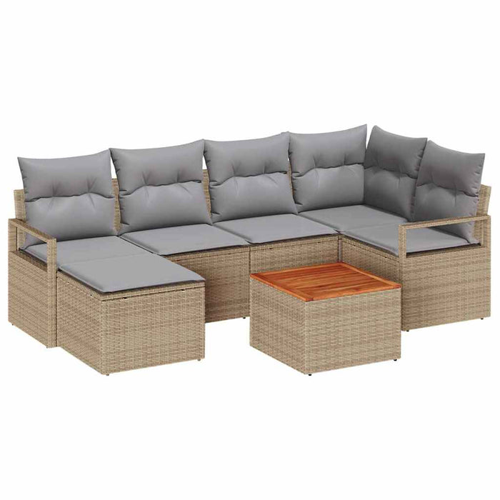 Set de canapea pentru grădină, 7 piese, cu perne, bej, din rattan sintetic și lemn de acacia. - WALTI WALTI