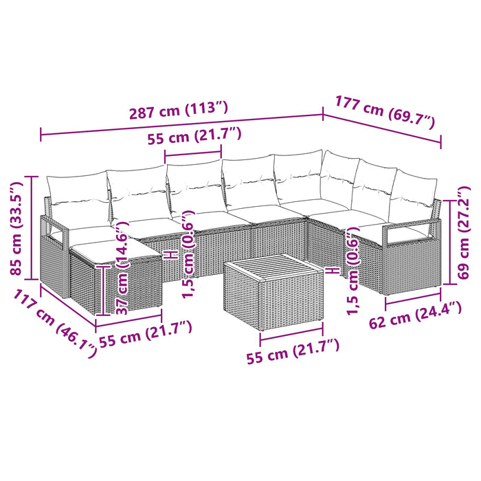 Set de canapele pentru grădină cu pernă 9 pcs Gri poliratan - WALTI WALTI