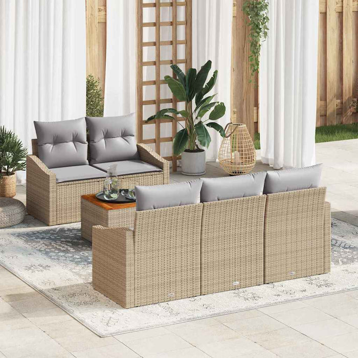 Set de canapea de grădină 6 piese cu perne, din rattan sintetic și acacia, bej - WALTI WALTI