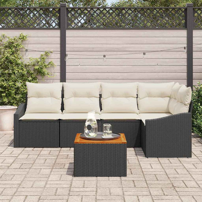 Set de canapea de grădină cu 6 piese și perne, negru, din rattan sintetic și masă din acacia - WALTI WALTI