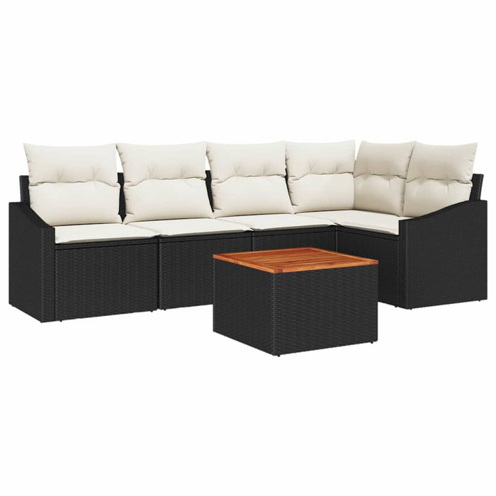 Set de canapea de grădină cu 6 piese și perne, negru, din rattan sintetic și masă din acacia - WALTI WALTI