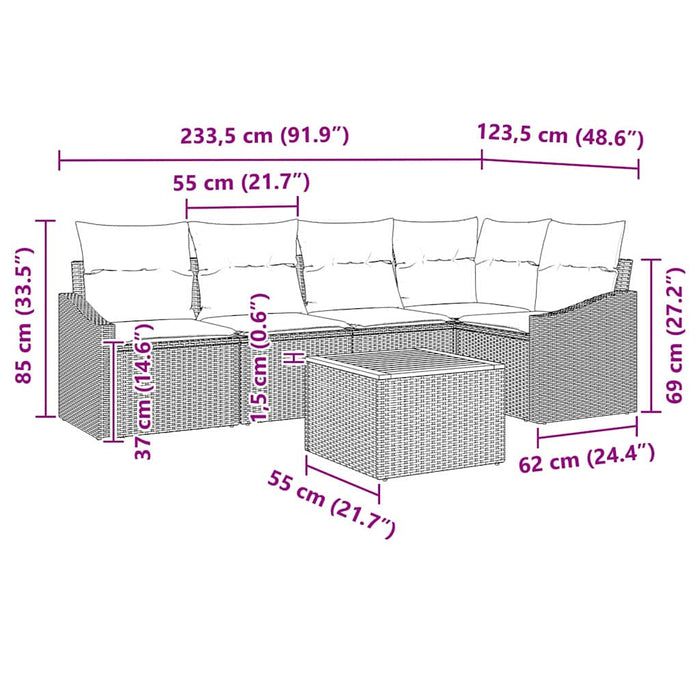 Set de canapea de grădină cu 6 piese și perne, negru, din rattan sintetic și masă din acacia - WALTI WALTI