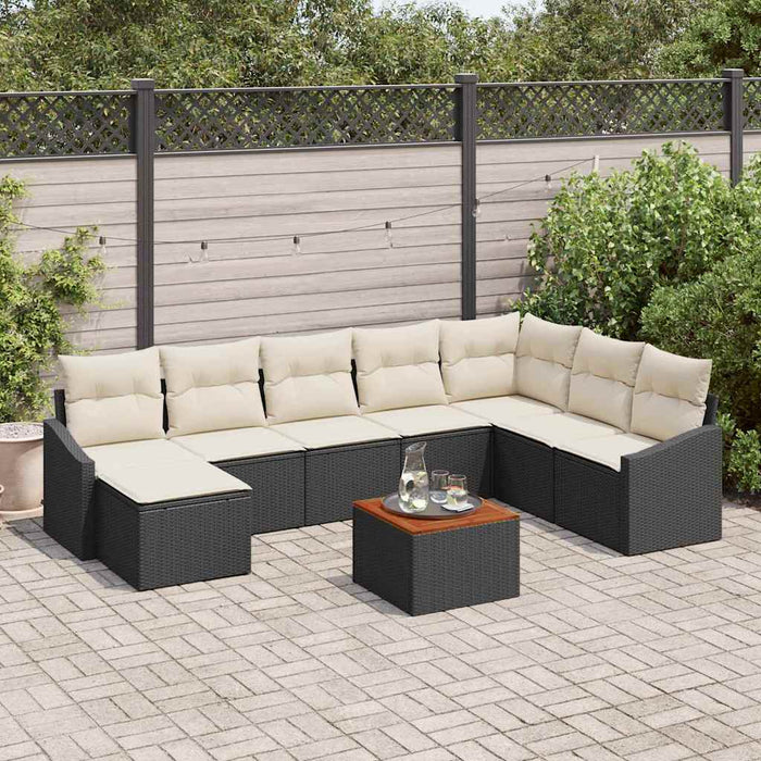 Set de canapea de grădină cu 9 piese, perne, ratan poliester negru, lemn de acacia - WALTI WALTI