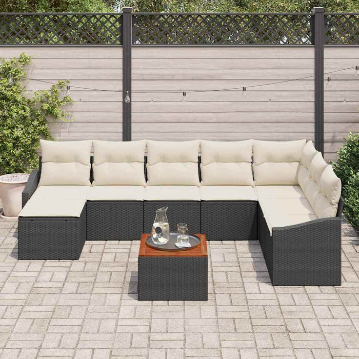 Set de canapea de grădină cu 9 piese, perne, ratan poliester negru, lemn de acacia - WALTI WALTI