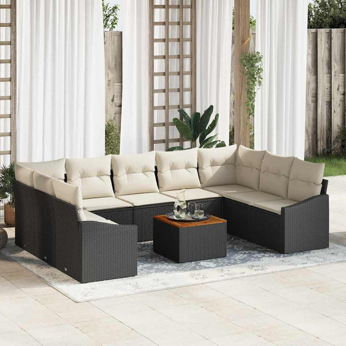 Set de canapea de grădină cu 10 piese, perne incluse, rattan negru, lemn de acacia - WALTI WALTI