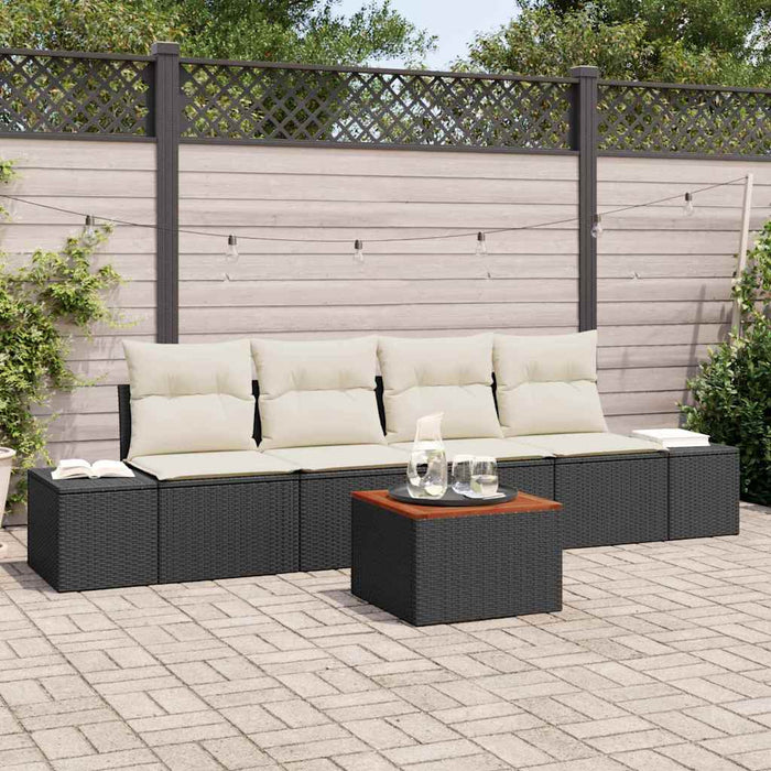 Set de mobilier pentru grădină, 5 piese cu perne, negru, din poliratan și acacia - WALTI WALTI