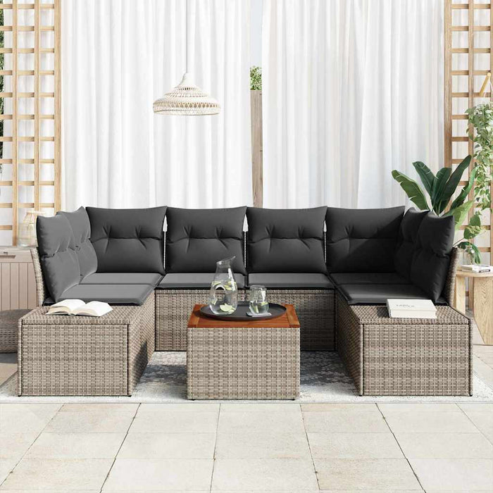 Set de canapele de grădină 7 piese cu perne, gri din rattan sintetic, lemn de acacia - WALTI WALTI