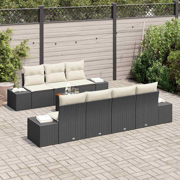 Set de Canapea pentru Grădină cu 8 Piese, cu Perne, Negru, Rattan Poly, Acacia - WALTI WALTI