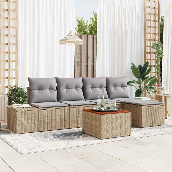 Set de canapea de grădină - 6 piese cu perne bej din rattan polipropilenic și acacia - WALTI WALTI
