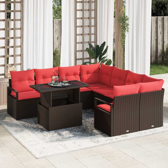 Set de canapele pentru grădină 9 pcs Maro și roșu poliratan - WALTI WALTI