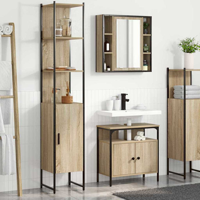 Set de mobilier pentru baie cu raft Pe perete cu depozitare cu ușă cu oglindă 3 pcs Stejar sonoma - WALTI WALTI