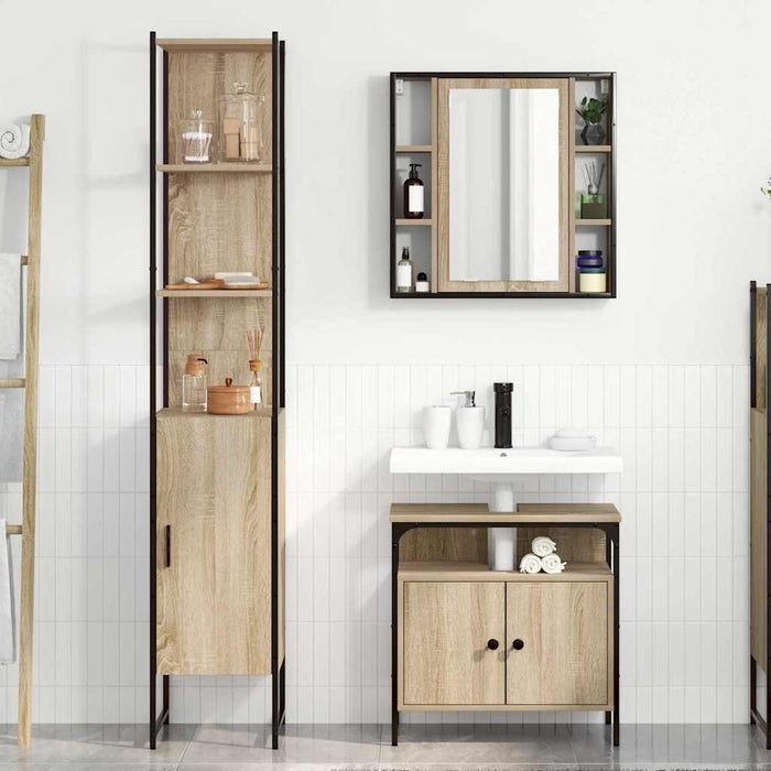 Set de mobilier pentru baie cu raft Pe perete cu depozitare cu ușă cu oglindă 3 pcs Stejar sonoma - WALTI WALTI