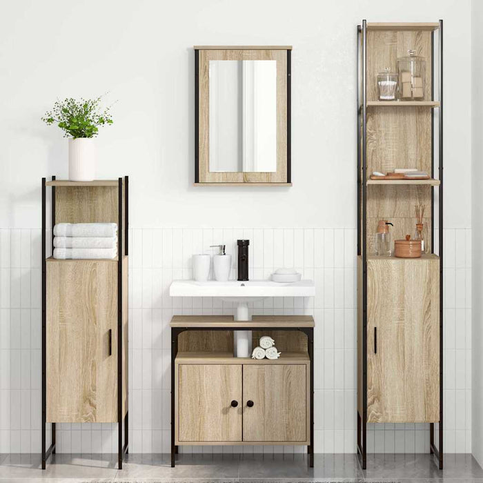 Set de mobilier pentru baie cu raft Pe perete cu depozitare cu ușă cu oglindă 4 pcs Stejar sonoma - WALTI WALTI