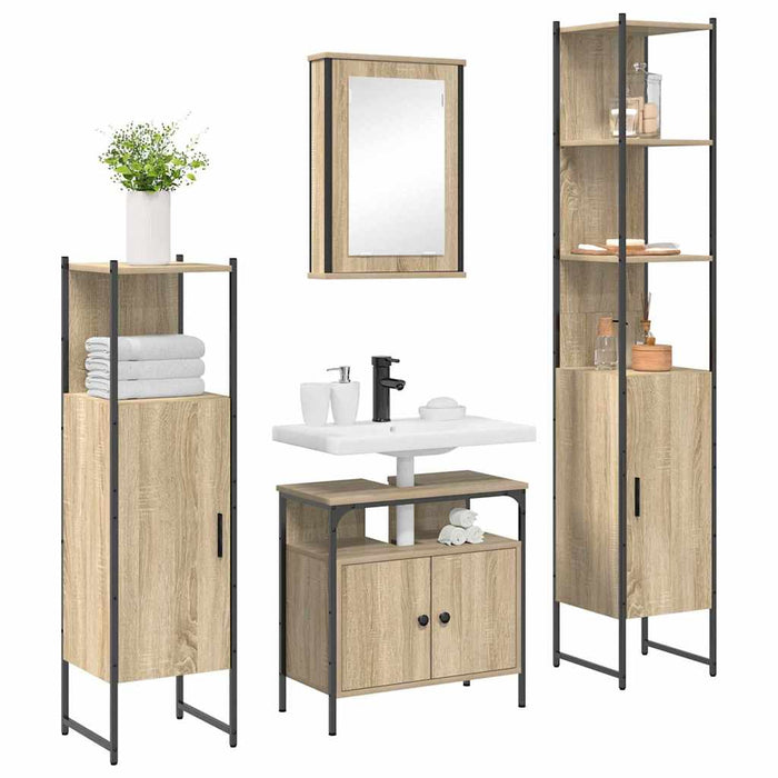 Set de mobilier pentru baie cu raft Pe perete cu depozitare cu ușă cu oglindă 4 pcs Stejar sonoma - WALTI WALTI