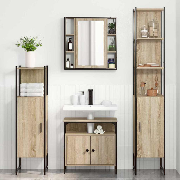 Set de mobilier pentru baie cu raft Pe perete Altele cu depozitare cu ușă cu oglindă 4 pcs Stejar sonoma - WALTI WALTI