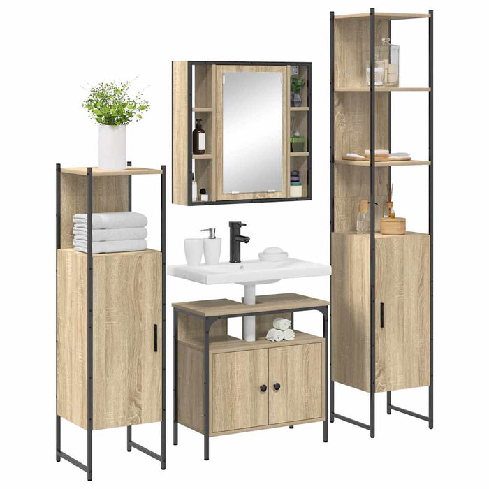 Set de mobilier pentru baie cu raft Pe perete Altele cu depozitare cu ușă cu oglindă 4 pcs Stejar sonoma - WALTI WALTI